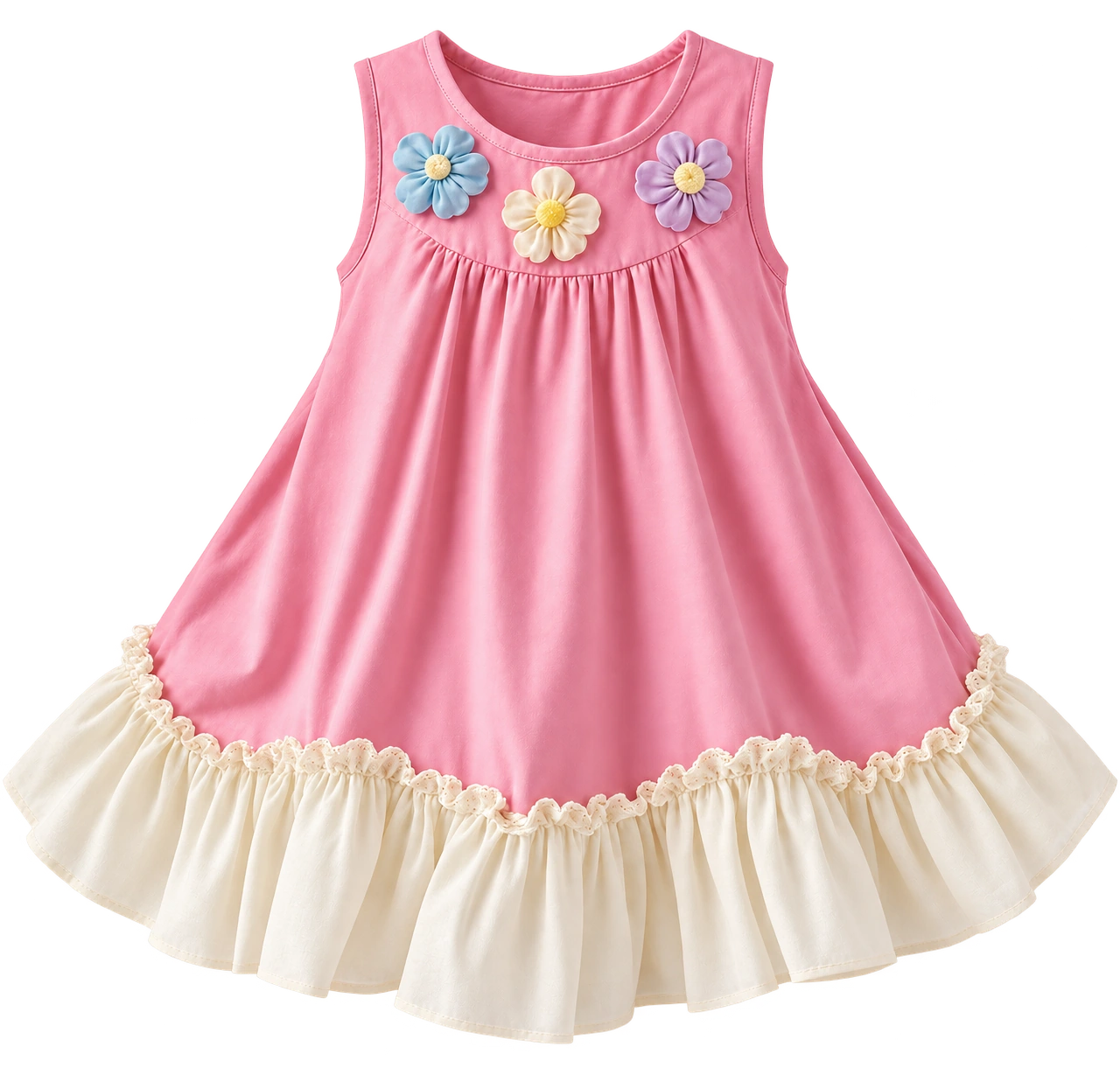 Vestido rosa con flores de colores en relieve y volantes color crema